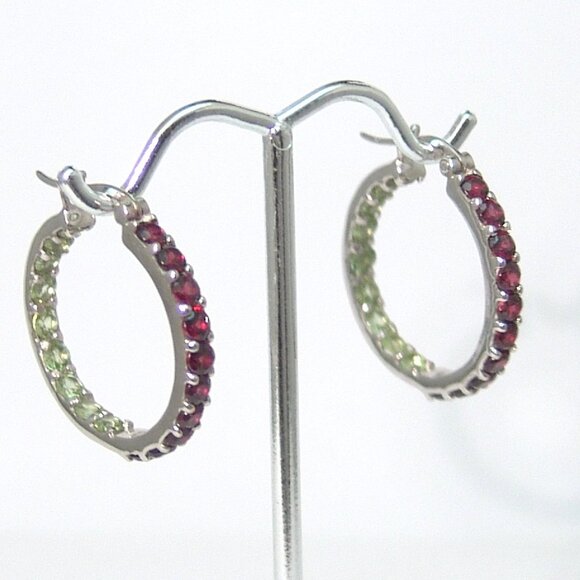 Sterling Silver Rhodolite Garnet Peridot Hoop Earrings 1" Rhodium Anti Tarnish - Picture 2 of 5